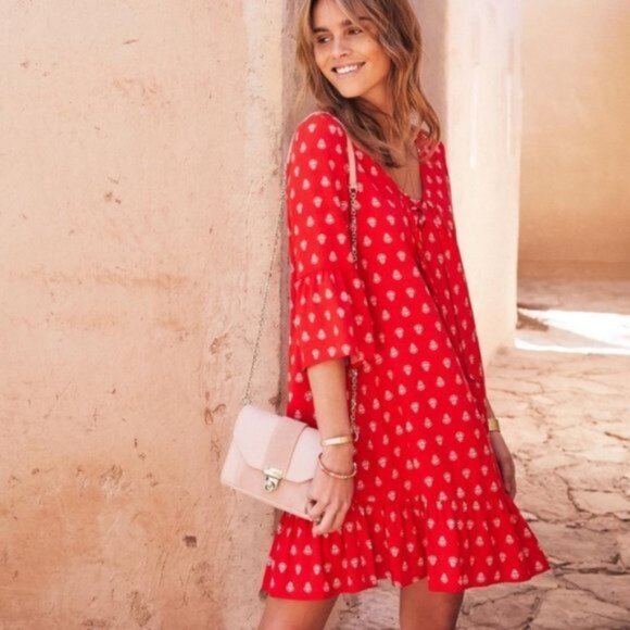 Sezane Red White Pattern Andrew Bow Ruffle Mini Dress Size FR 34, US 2 - Picture 1 of 12